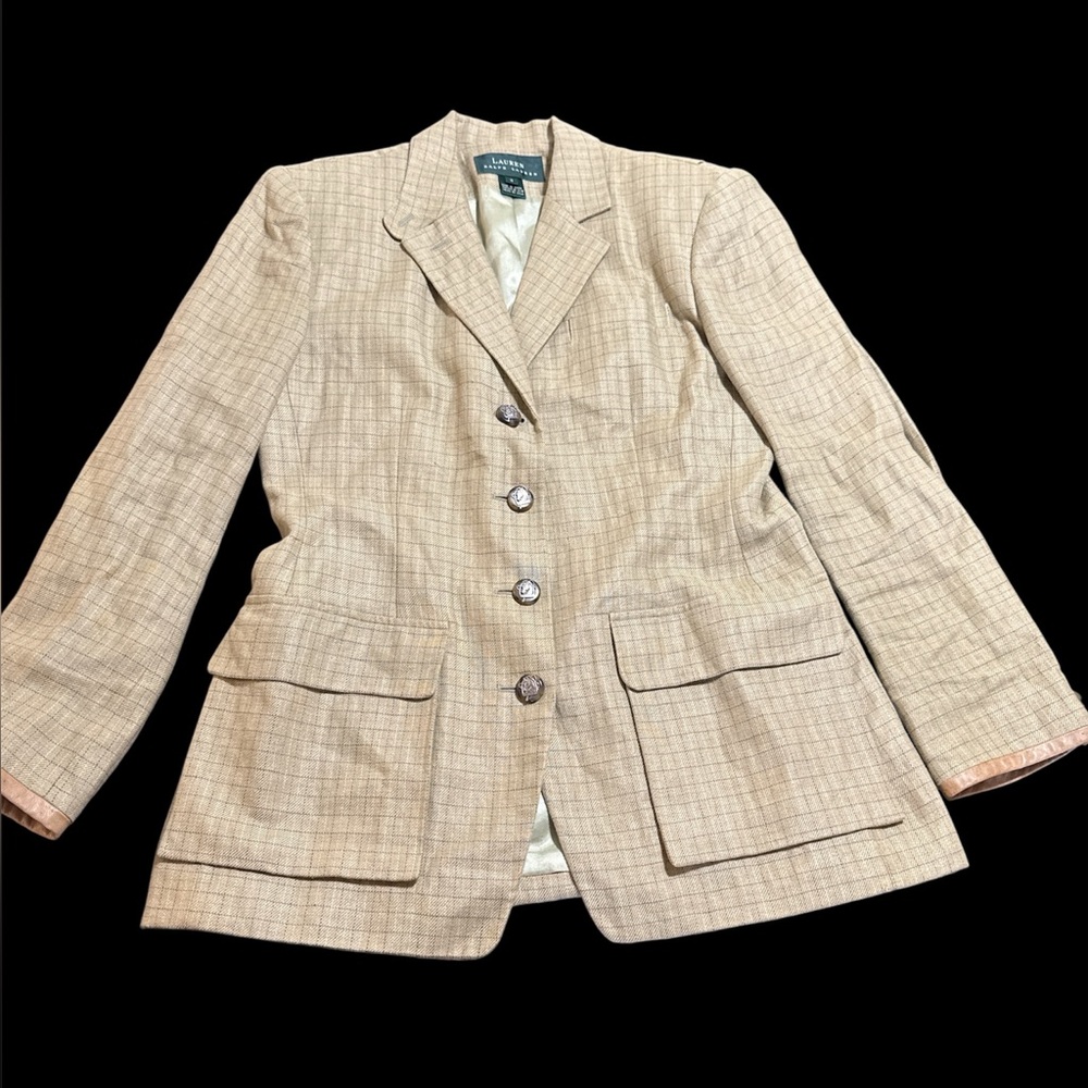 Vintage Gorgeous Lauren Ralph Lauren Women's Tan Blazer with leather trim/size 8